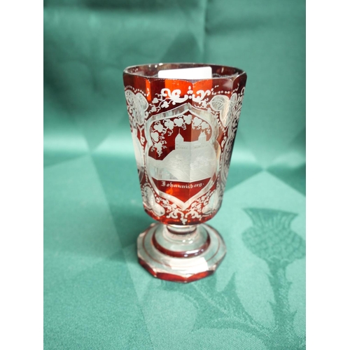 1296D - Victorian Engraved Crimson Glass Goblet, approx 13.5cm tall.