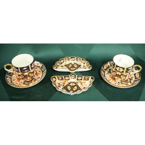 1297 - Two Royal Crown Derby Imari Pattern Coffee Cans & Saucers & Similar Fan Shaped Pin Dishes.