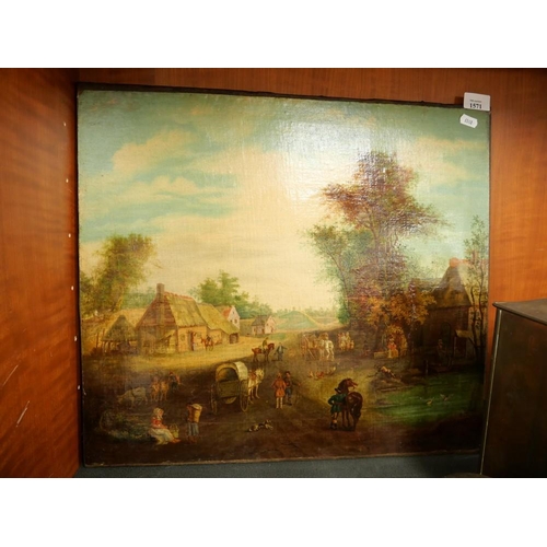 1571 - Antique Oil Painting - Village Study with numerous figures & Animals in foreground, approx 53 x 47cm... 