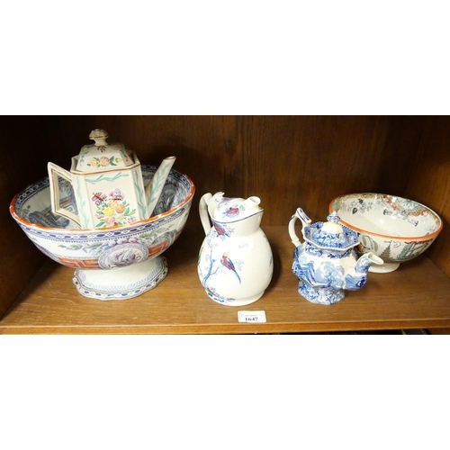 1647 - Three Antique Teapots & Two Transfer Printed Bowls.