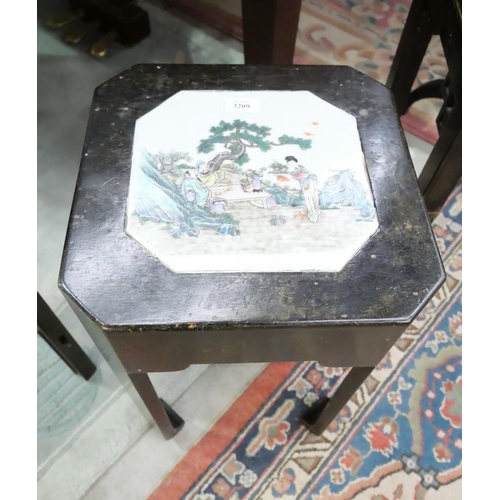 3209 - Antique Chinese Side Table Inset with Porcelain Panel depicting figures entertaining in palatial Gar... 