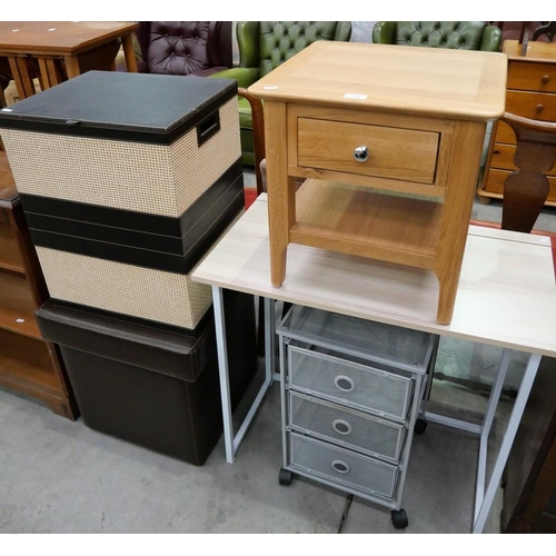 3308 - Folding Table, Bedside Cabinet, Mesh Three Drawer Trolley & Assorted Storage Boxes