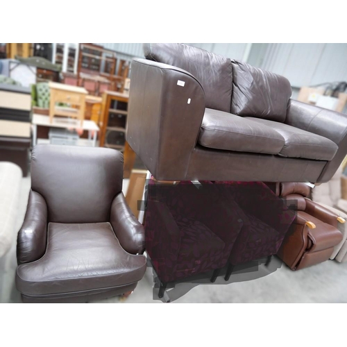 3354 - Brown Leather 2 Seater Sofa & Armchair