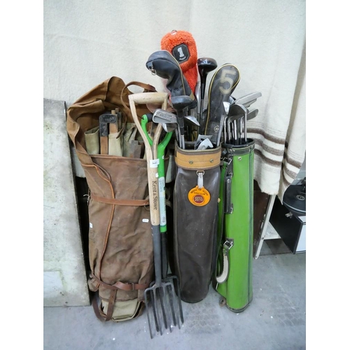 3642 - Assorted Golf Clubs & Garden Forks