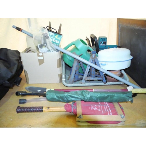 3660 - Tennis Racket, Axel Stands, Enamel Pot, Tools etc