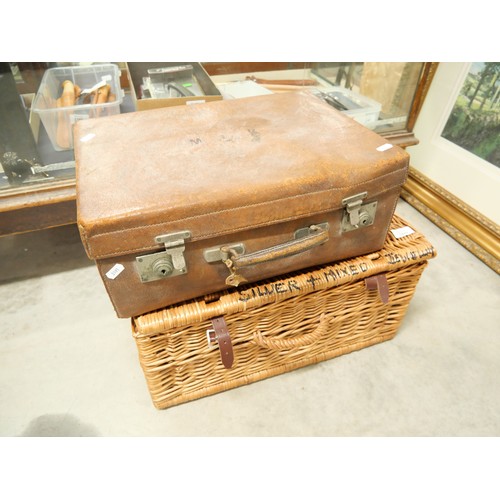 1649 - Vintage Leather Case with Fitted Interior & Wicker Hamper.