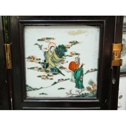 3208 - 19th Century Antique Chinese Folding Screen with 40 Individual Painted Famille Verte Porcelain Panel... 