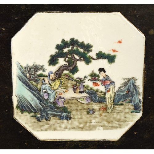 3209 - Antique Chinese Side Table Inset with Porcelain Panel depicting figures entertaining in palatial Gar... 