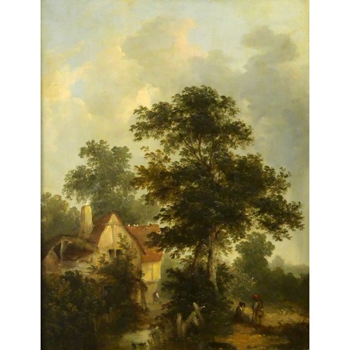 1567A - Pair of Early 19th Century Antique Oil Paintings - Figures / Hunters in Wooded Landscapes, approx 34... 