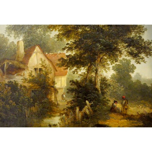 1567A - Pair of Early 19th Century Antique Oil Paintings - Figures / Hunters in Wooded Landscapes, approx 34... 