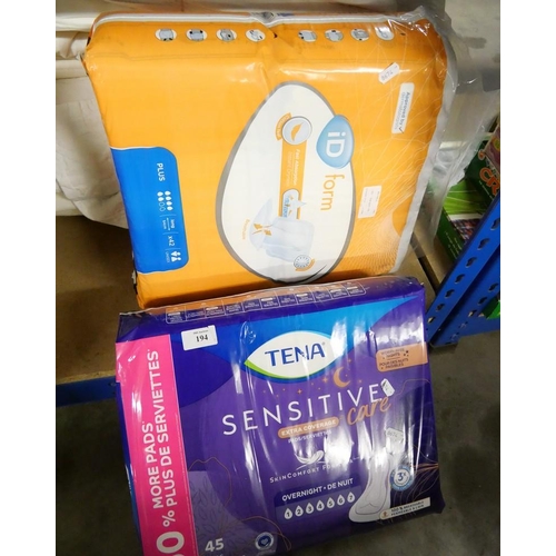 194 - Pack of Tena Pads & Pack of ID Form Pads