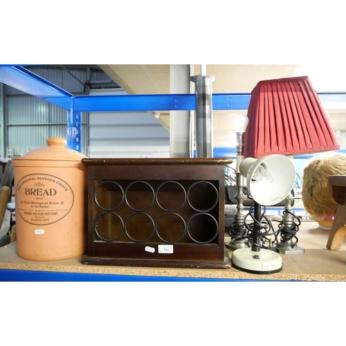 216 - Terracotta Bread Bin, Mahogany Magazine Rack, Pair of Bedside Lamps & Desk Lamp