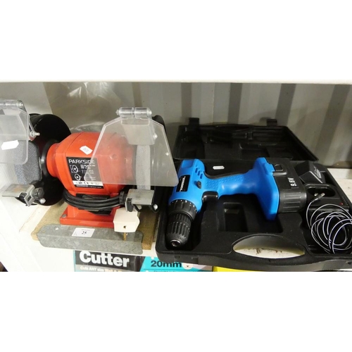 25 - Electric Twin Bench Grinder & New Cordless Drill