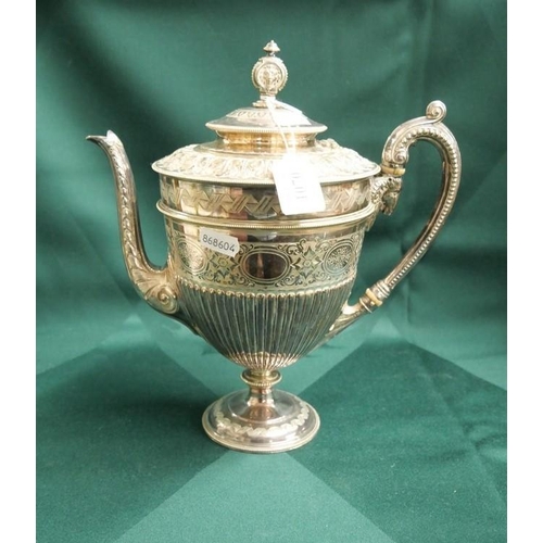 1070 - Silverplated Coffee Pot, decorated with Rams Head mount on handle.