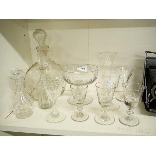 1071 - Glass Decanter, Condiment Bottle, Antique Drinking Glasses etc.