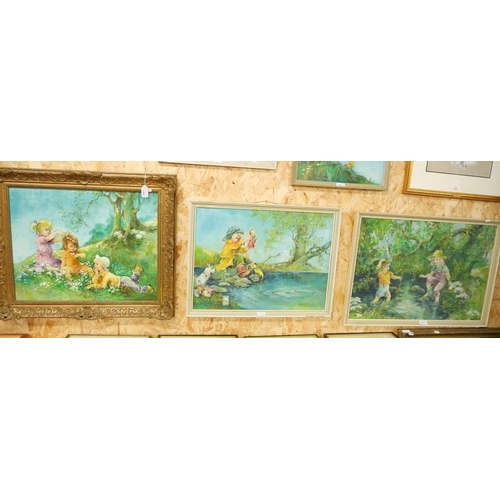 1488 - Three Framed Landscape Orientated Oil Paintings by Stella Lang - Colourful Child Studies, all approx... 