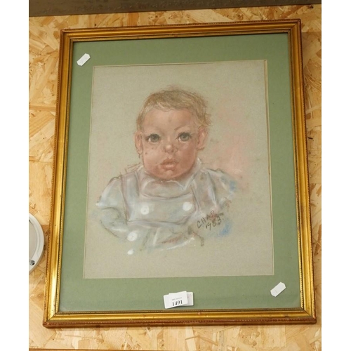 1491 - Framed Pastel - Portrait of a Child, signed Chad 1983, approx 30 x 37cm.