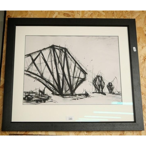 1501 - Framed Print - Forth Bridge During Construction, approx 49 x 36cm.