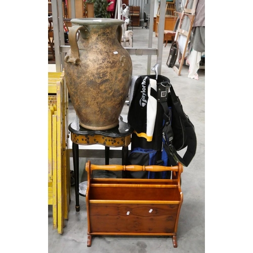 3266 - Yew Magazine Rack, Golf Bag,  Large Vase & Side Table