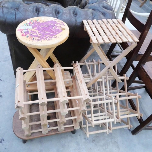 3303 - Three Wooden Wine Racks & Assorted Stools