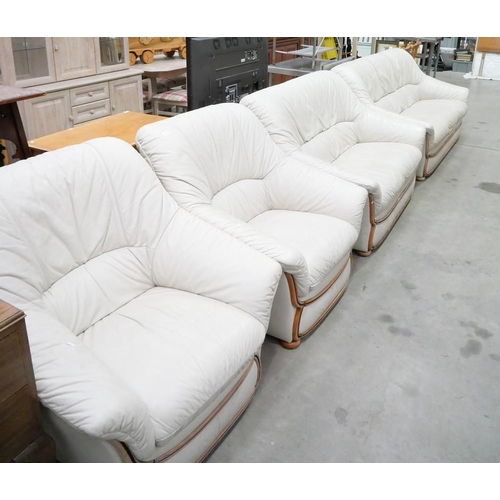 3325 - Leather Cream Coloured Lounge Suite - 3 Seater, 2 Seater & Pair of Chairs.