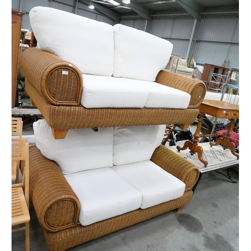 3348 - Woven Cane Conservatory Suite Comprising of a Pair of Two Seater Sofas, approx 177cm wide, cream col... 