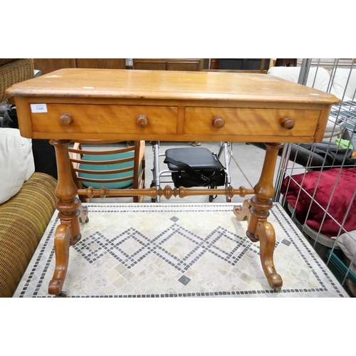 3349 - Victorian Satin Birch Side Table, moulded edge, turned supports, fitted with two shallow drawers.