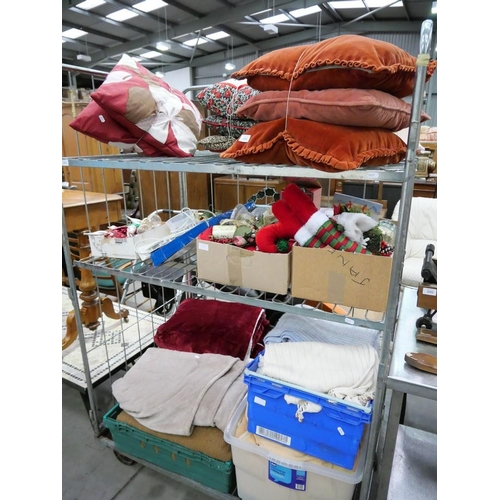 3351 - Three Shelves of Cushions, Throws & Christmas Decorations.