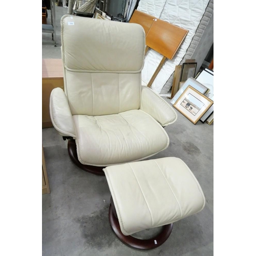 3356 - Cream Leather Swivel Recliner Armchair & Matching Stool.