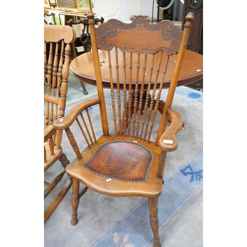 3360 - Vintage Carved & Turned Oak Elbow Chair with Embossed Leather Seat.