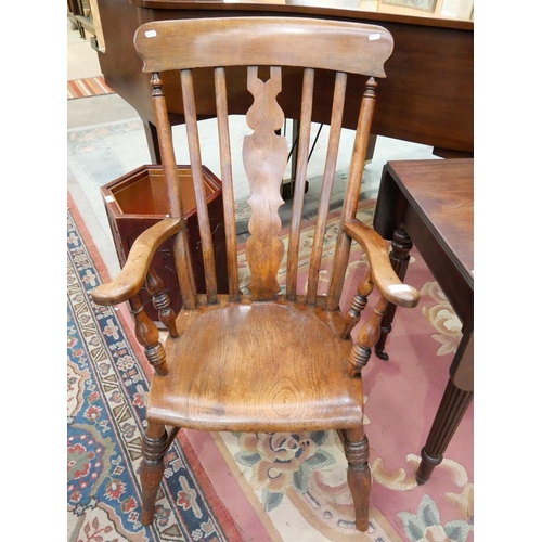 3366 - Antique Elm Elbow Chair, turned Supports.