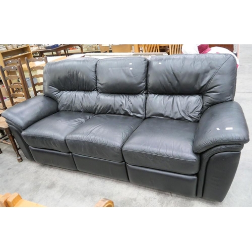 3381 - Black Leather Three Seater Sofa (reclining end seats), approx 232cm across.