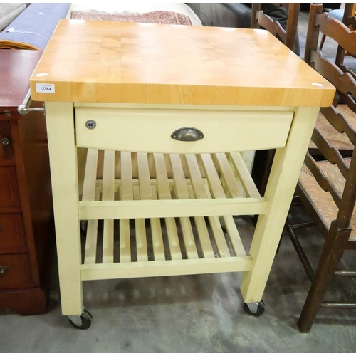 3384 - Modern Kitchen Butchers Block Table - End Grain Board on Cream Coloured Base, approx 70cm wide.