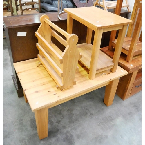 3392 - Beech Side Table, Pine Coffee Table & Ash Magazine Rack.