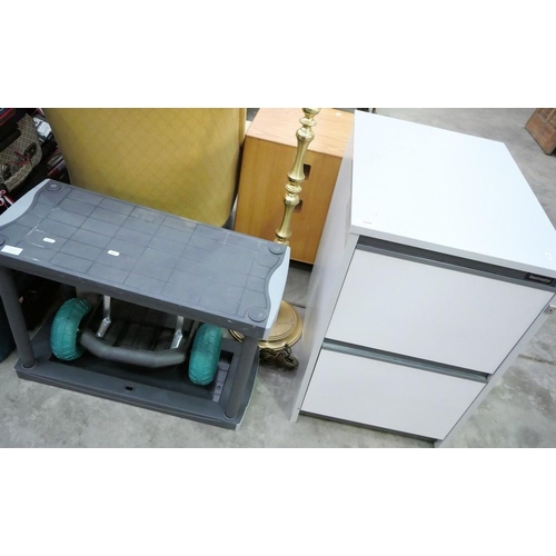 3399 - Brass Standard Lamp & Shade, Two Drawer Filing Cabinet, Small Shelf Unit & Garden Crawler Seat.