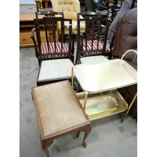 3403 - Vintage Dressing Stool, Two Tiered Trolley, Two Pairs of Mahogany Dining Chairs.