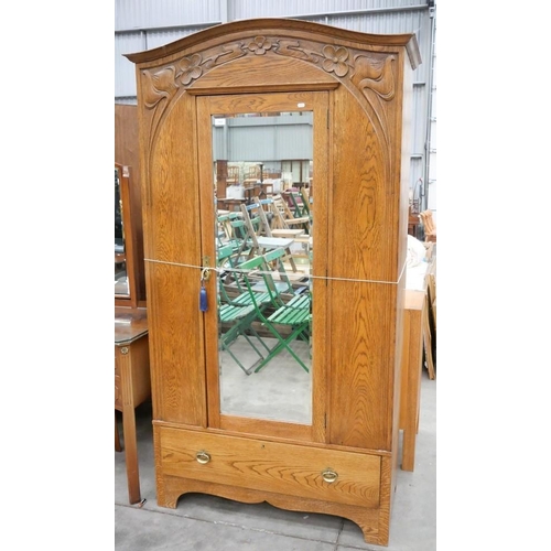 3503 - Art Nouveau Carved Oak Single Mirror Door Wardrobe.