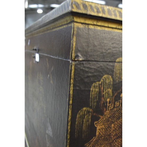 3364 - Oriental Storage Box Painted with Buildings in Landscape, approx 60cm across.