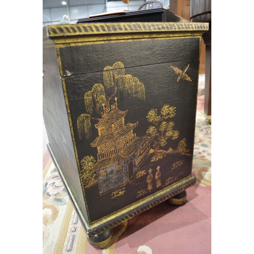 3364 - Oriental Storage Box Painted with Buildings in Landscape, approx 60cm across.