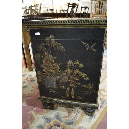 3364 - Oriental Storage Box Painted with Buildings in Landscape, approx 60cm across.