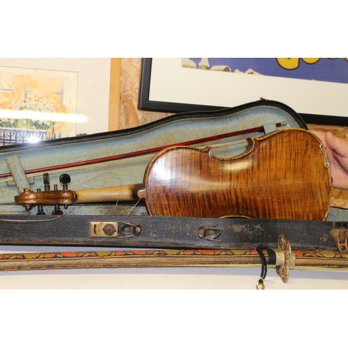 574 - Antique Violin & Bow in Carry Case - 60 long X 21cm wide.