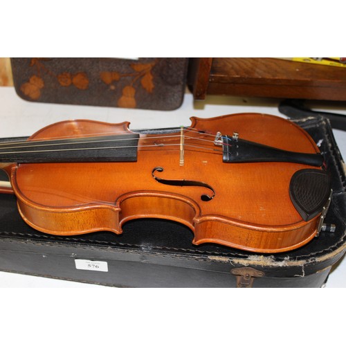 576 - Violin & Bow in Carry Case - 60cm long x 21cm wide.