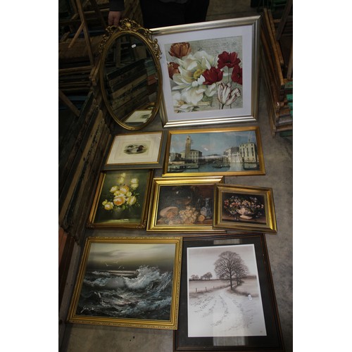 3310A - Gilt Framed Wall Mirror and Selection of Framed Prints