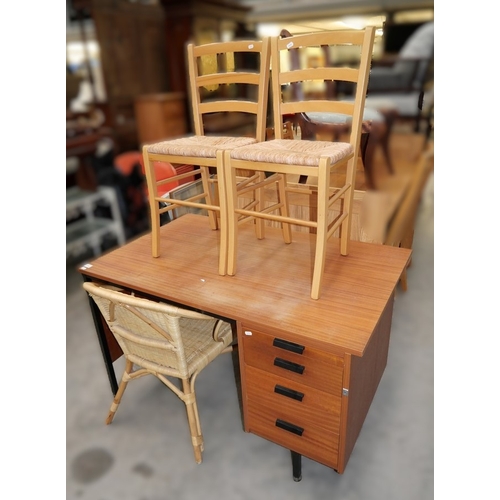 3068 - Teak Desk, Bamboo Chair & 2 Rush Seated Dining Chairs