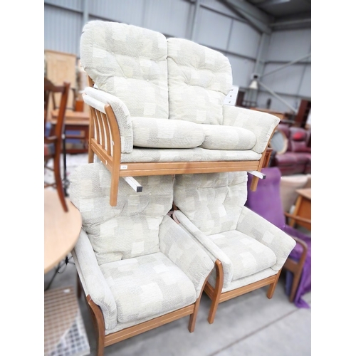 3176 - Wooden Frame Fabric Upholstered 2 Seater Sofa & 2 Matching Armchairs.