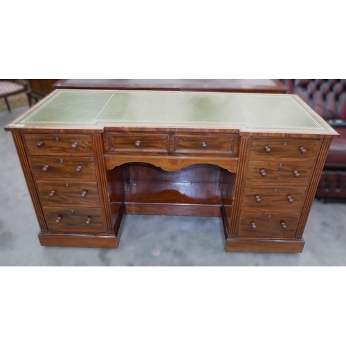 3326 - Antique Mahogany Breakfront Writing Desk with Tooled Green Leather Writing Surface, approx 150 x 57c... 