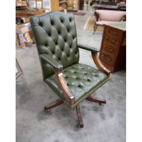 3327 - Good Green Leather Upholstered Office Swivel Armchair, button back & seat.