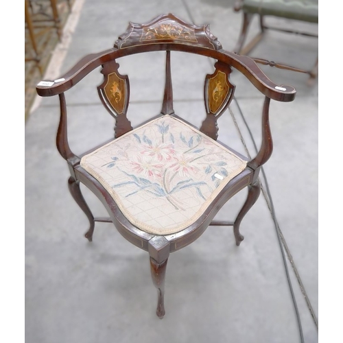 3332 - Edwardian Inlaid Mahogany Corner Chair with Floral Embroidered Seat.