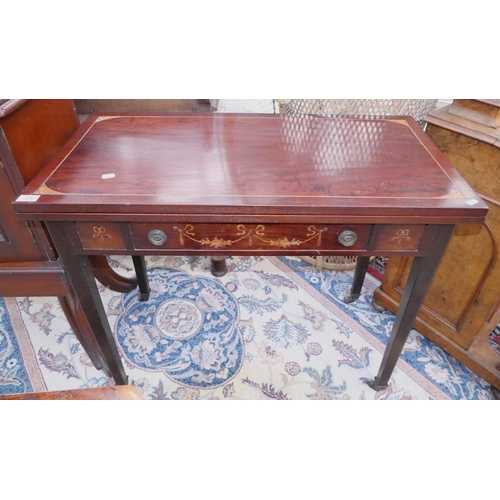 3359 - Antique Mahogany Satinwood Inlaid Fold-Over Side Table, fitted with faux front drawer.