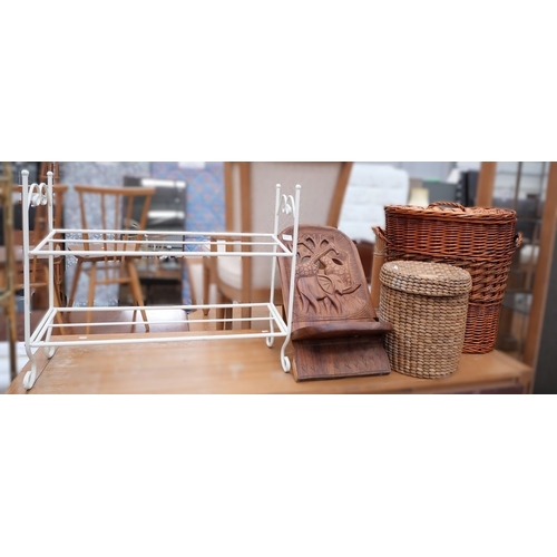 3384A - Figural Carved Birthing Chair, 2 Wicker Baskets & Shoe Rack